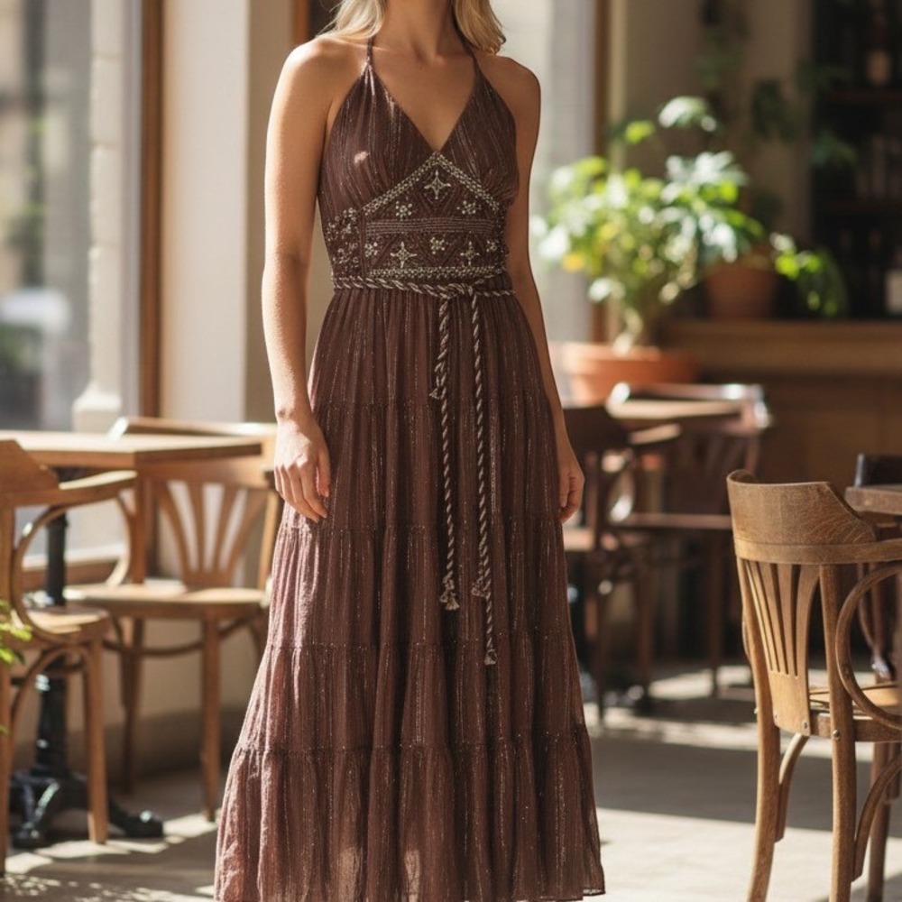 Boho Brown Metallic Pinstripe Halter Maxi Dress Beaded Embellished Tiered Gown